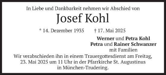 Todesanzeige von Josef Kohl von merkurtz