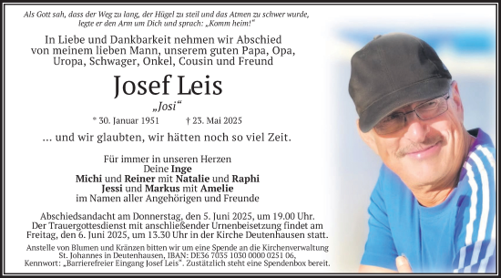 Todesanzeige von Josef Leis von merkurtz