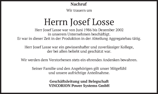 Todesanzeige von Josef Losse von merkurtz