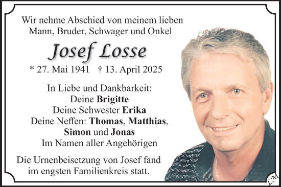 Todesanzeige von Josef Losse von merkurtz