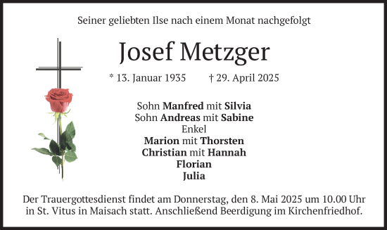 Todesanzeige von Josef Metzger von merkurtz
