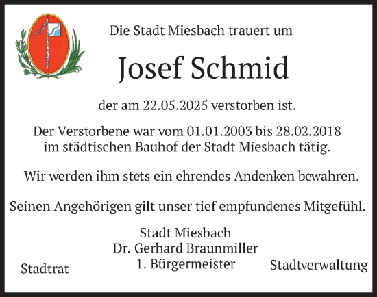 Todesanzeige von Josef Schmid von merkurtz