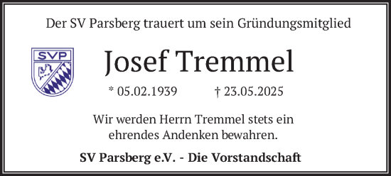 Todesanzeige von Josef Tremmel von merkurtz