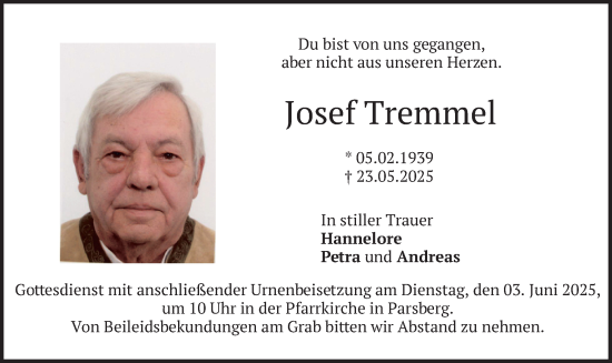 Todesanzeige von Josef Tremmel von merkurtz