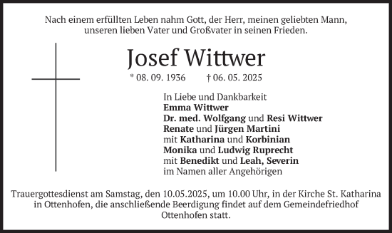 Todesanzeige von Josef Wittwer von merkurtz