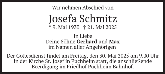Todesanzeige von Josefa Schmitz von merkurtz