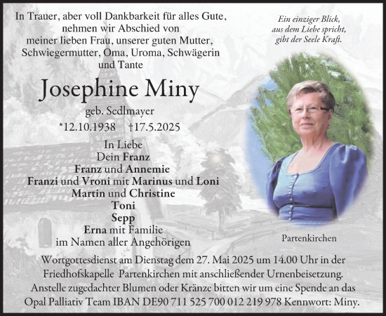 Todesanzeige von Josephine Miny von merkurtz