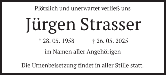 Todesanzeige von Jürgen Strasser von merkurtz