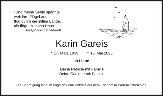 Todesanzeige von Karin Gareis von merkurtz