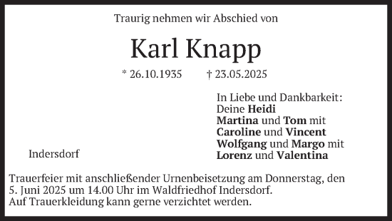 Todesanzeige von Karl Knapp von merkurtz