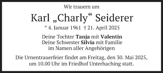 Todesanzeige von Karl Seiderer von merkurtz