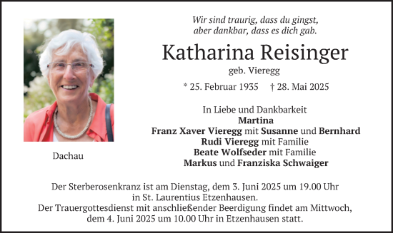 Todesanzeige von Katharina Reisinger von merkurtz
