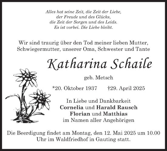 Todesanzeige von Katharina Schaile von merkurtz