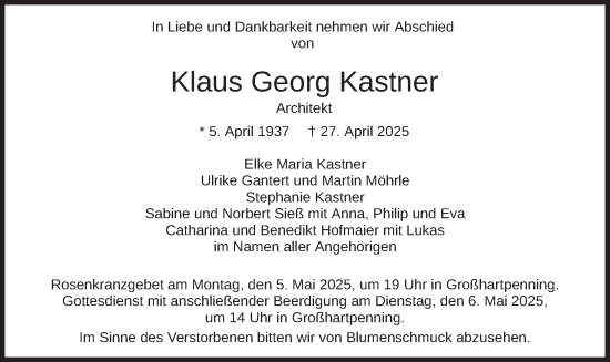Todesanzeige von Klaus Georg Kastner von merkurtz
