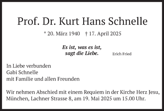 Todesanzeige von Kurt Hans Schnelle von merkurtz