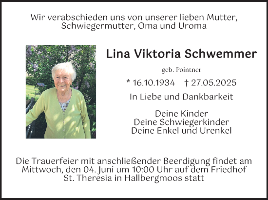 Todesanzeige von Lina Viktoria Schwemmer von merkurtz