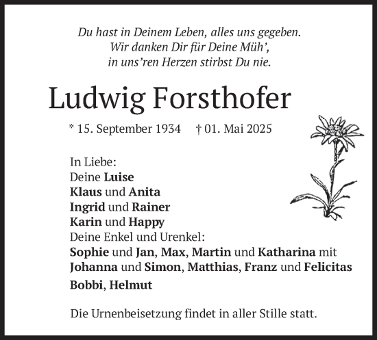 Todesanzeige von Ludwig Forsthofer von merkurtz
