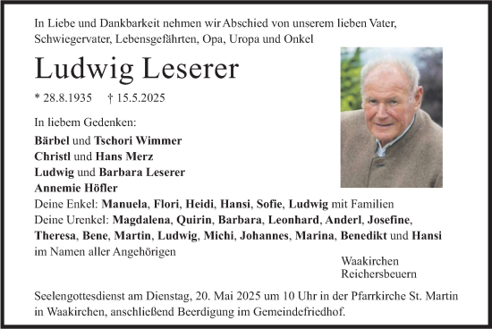 Todesanzeige von Ludwig Leserer von merkurtz