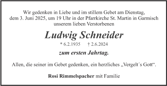Todesanzeige von Ludwig Schneider von merkurtz