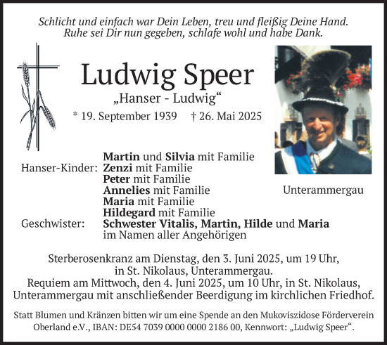 Todesanzeige von Ludwig Speer von merkurtz