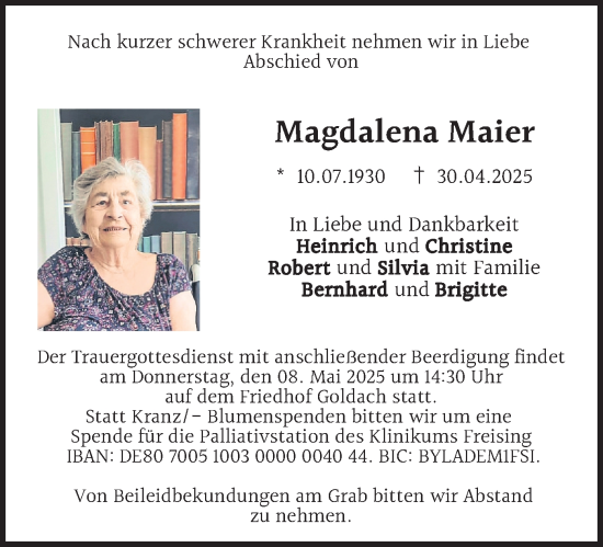 Todesanzeige von Magdalena Maier von merkurtz