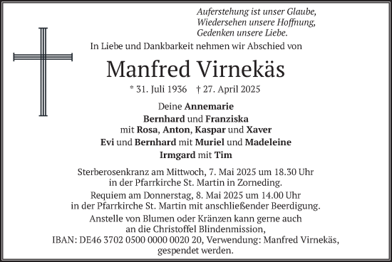 Todesanzeige von Manfred Virnekäs von merkurtz