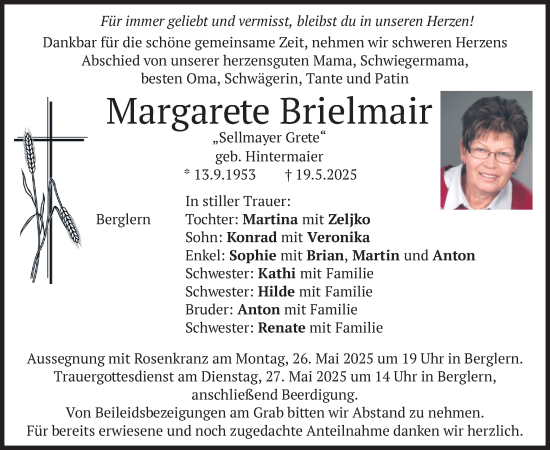 Todesanzeige von Margarete Brielmair von merkurtz