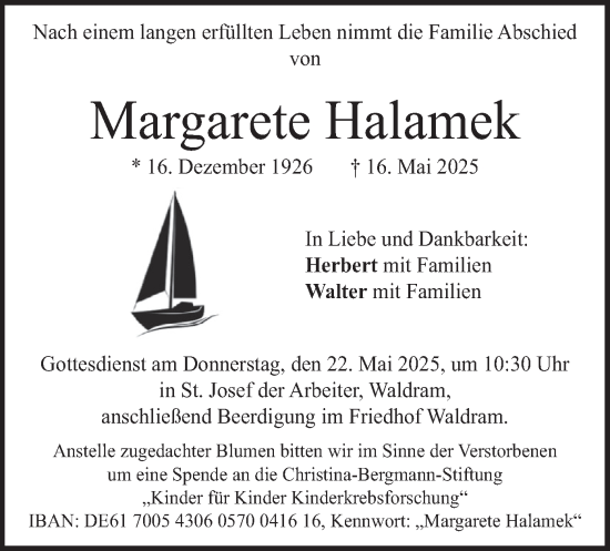 Todesanzeige von Margarete Halamek von merkurtz
