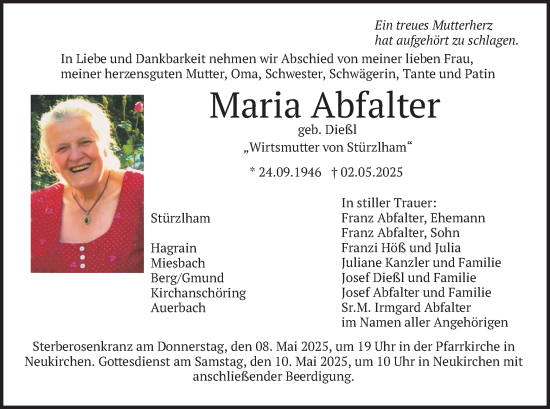 Todesanzeige von Maria Abfalter von merkurtz