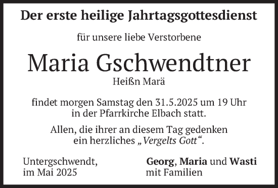 Todesanzeige von Maria Gschwendtner von merkurtz