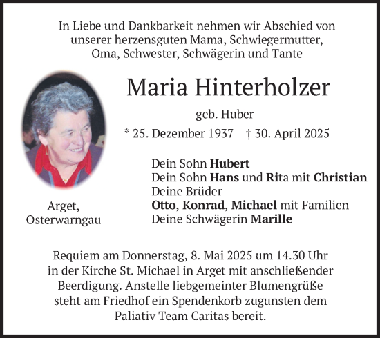 Todesanzeige von Maria Hinterholzer von merkurtz