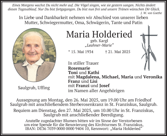 Todesanzeige von Maria Holderied von merkurtz
