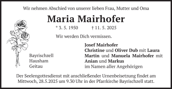 Todesanzeige von Maria Mairhofer von merkurtz