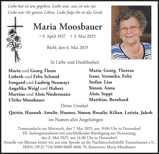 Todesanzeige von Maria Moosbauer von merkurtz