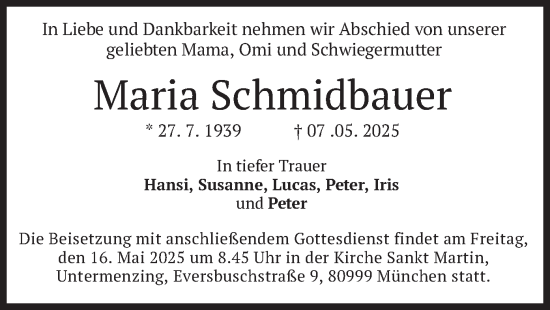 Todesanzeige von Maria Schmidbauer von merkurtz