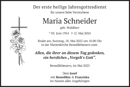 Todesanzeige von Maria Schneider von merkurtz