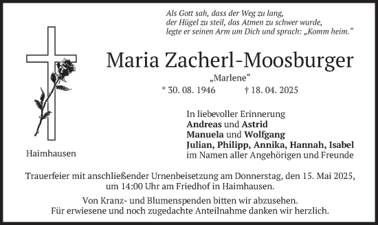 Todesanzeige von Maria Zacherl-Moosburger von merkurtz