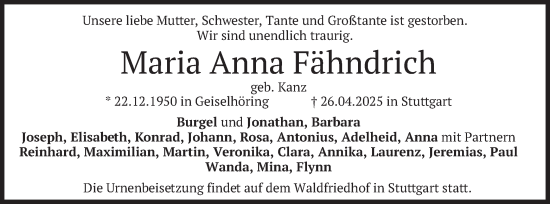 Todesanzeige von Maria Anna Fähndrich von merkurtz