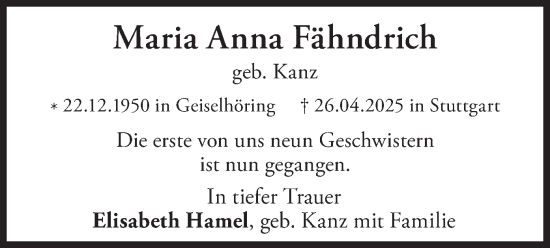 Todesanzeige von Maria Anna Fähndrich von merkurtz
