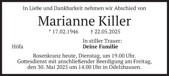 Todesanzeige von Marianne Killer von merkurtz
