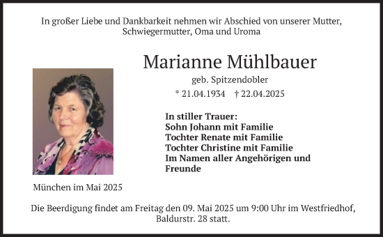Todesanzeige von Marianne Mühlbauer von merkurtz