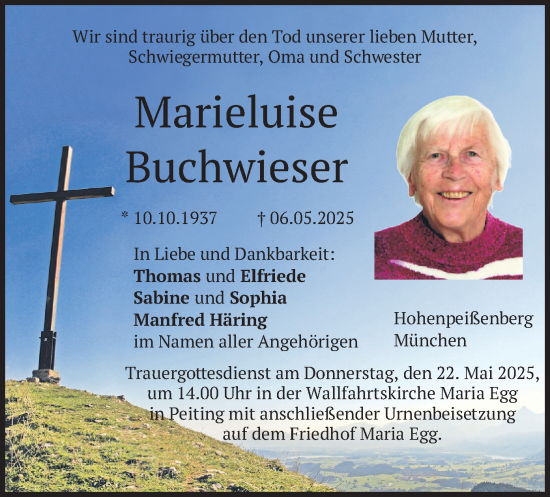 Todesanzeige von Marieluise Buchwieser von merkurtz