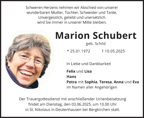 Todesanzeige von Marion Schubert von merkurtz