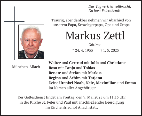 Todesanzeige von Markus Zettl von merkurtz