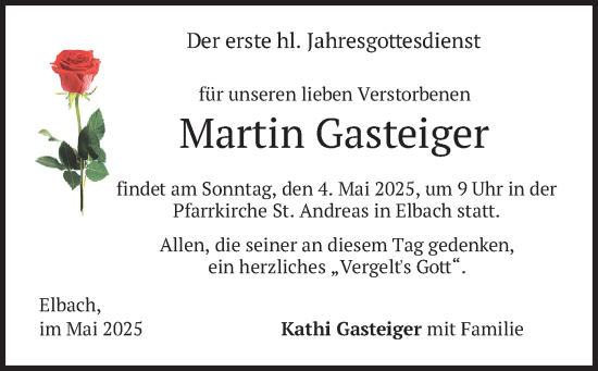 Todesanzeige von Martin Gasteiger von merkurtz