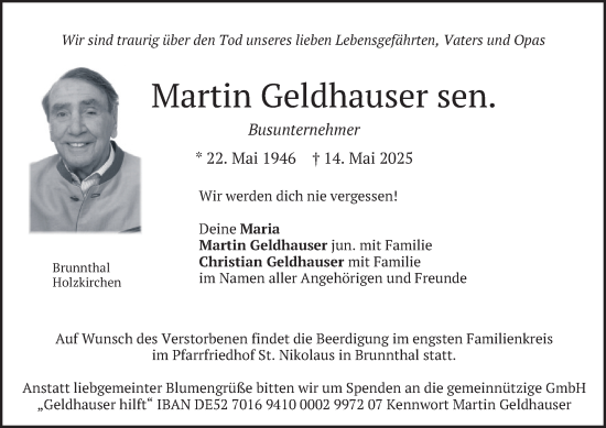 Todesanzeige von Martin Geldhauser von merkurtz