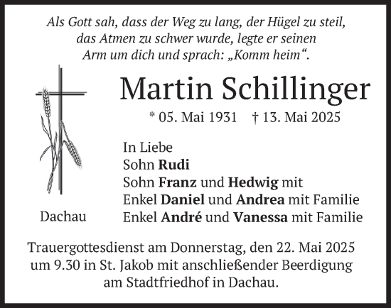 Todesanzeige von Martin Schillinger von merkurtz