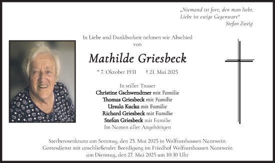 Todesanzeige von Mathilde Griesbeck von merkurtz