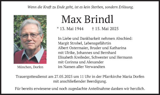 Todesanzeige von Max Brindl von merkurtz