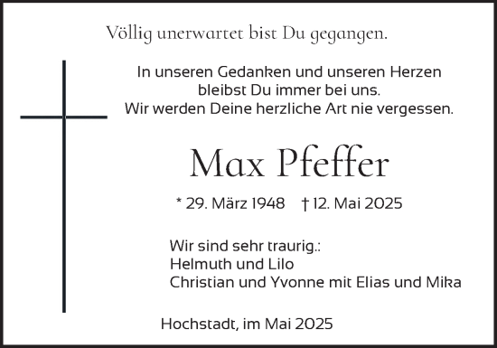 Todesanzeige von Max Pfeffer von merkurtz